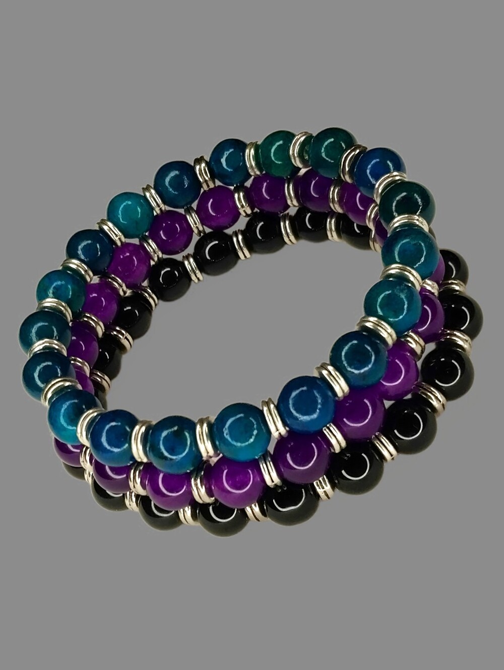 One Of A Kind Stackable Set Of Three Beaded Stretch Bracelets Amethyst Azurite..